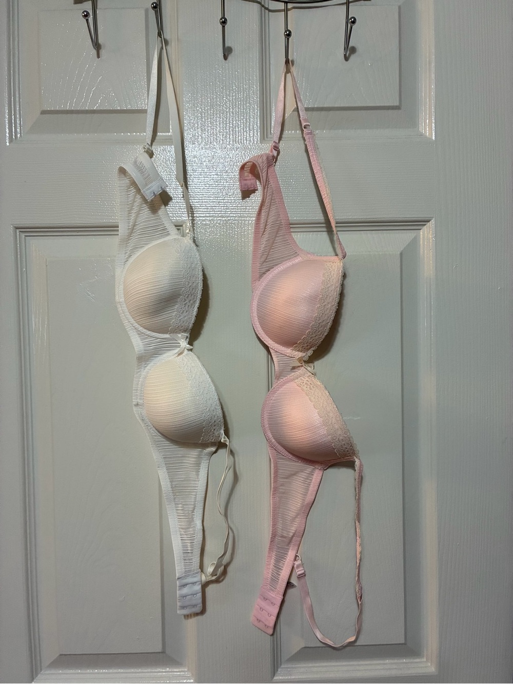 Frederick's of Hollywood Ribbed T-Shirt Bras in White & Light Pink